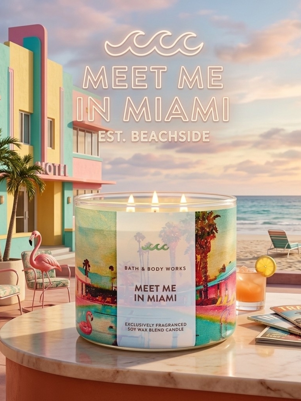 Bath & Body Works Meet Me in Miami 3-Wick Candle - pink, teal, yellow